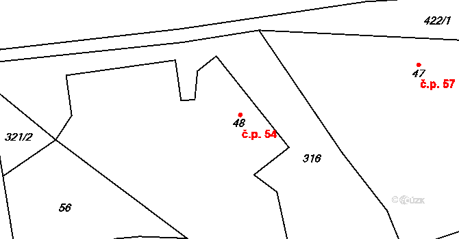 Lužany 54 na parcele st. 48 v KÚ Lužany nad Trotinou, Katastrální mapa