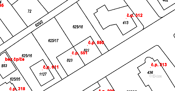 Borohrádek 550 na parcele st. 822 v KÚ Borohrádek, Katastrální mapa