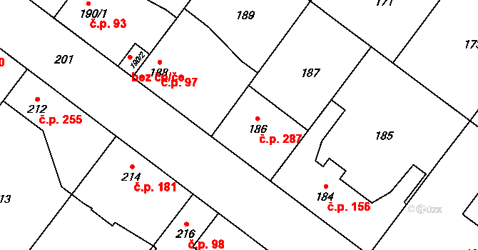 Kolovraty 287, Praha na parcele st. 186 v KÚ Kolovraty, Katastrální mapa
