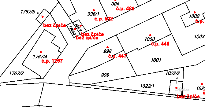 Radotín 447, Praha na parcele st. 998 v KÚ Radotín, Katastrální mapa
