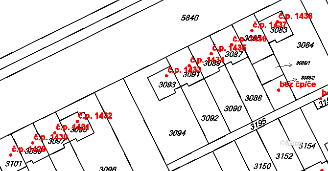 Záběhlice 1433, Praha na parcele st. 3093 v KÚ Záběhlice, Katastrální mapa