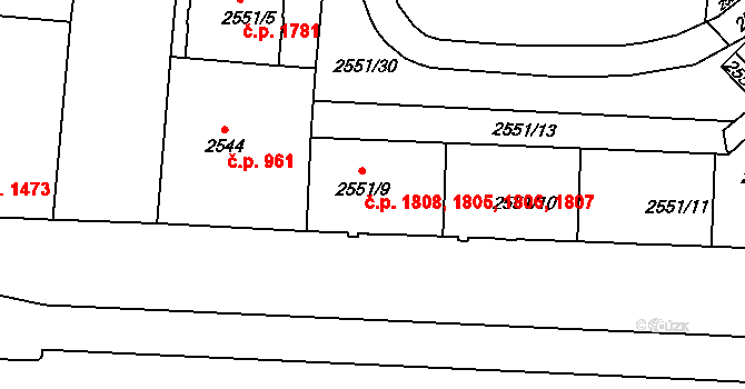 Strašnice 1805,1806,1807,1808, Praha na parcele st. 2551/9 v KÚ Strašnice, Katastrální mapa