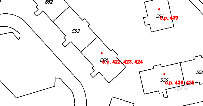 Lazce 422,423,424, Olomouc na parcele st. 554 v KÚ Lazce, Katastrální mapa