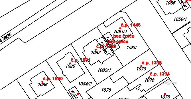 Chomutov 1490 na parcele st. 1082 v KÚ Chomutov I, Katastrální mapa