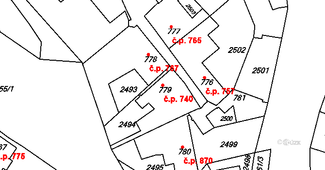 Rosice 740 na parcele st. 779 v KÚ Rosice u Brna, Katastrální mapa