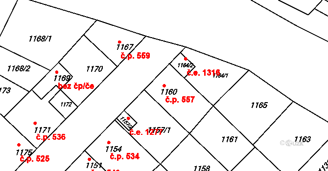 Kuřim 557 na parcele st. 1160 v KÚ Kuřim, Katastrální mapa