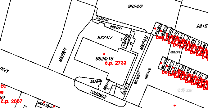 Jižní Předměstí 2733, Plzeň na parcele st. 9824/15 v KÚ Plzeň, Katastrální mapa