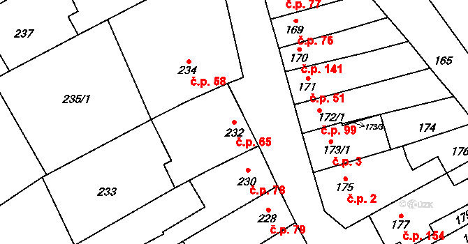 Malhostovice 65 na parcele st. 232 v KÚ Malhostovice, Katastrální mapa