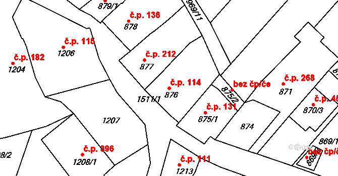 Troubsko 114 na parcele st. 876 v KÚ Troubsko, Katastrální mapa