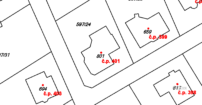 Psáry 401 na parcele st. 801 v KÚ Psáry, Katastrální mapa