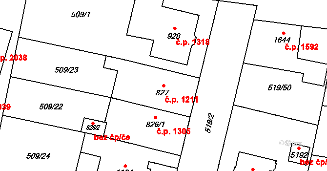 Vítkovice 1211, Ostrava na parcele st. 827 v KÚ Zábřeh-VŽ, Katastrální mapa