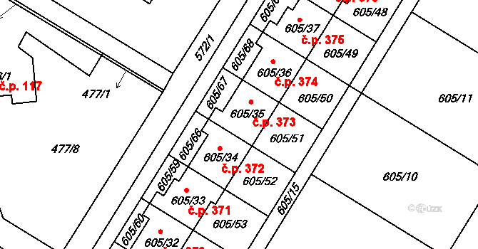 Suchohrdly 373 na parcele st. 605/35 v KÚ Suchohrdly u Znojma, Katastrální mapa