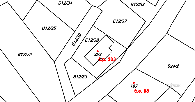 Háj 203, Loučná pod Klínovcem na parcele st. 353 v KÚ Háj u Loučné pod Klínovcem, Katastrální mapa