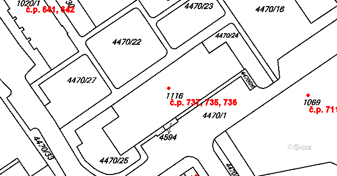 Valašské Klobouky 735,736,737 na parcele st. 1116 v KÚ Valašské Klobouky, Katastrální mapa