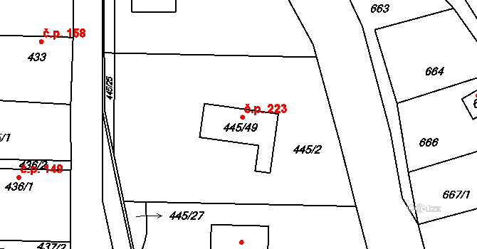Šebrov 223, Šebrov-Kateřina na parcele st. 445/49 v KÚ Šebrov, Katastrální mapa