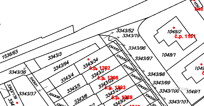 Třešť 1292 na parcele st. 3343/34 v KÚ Třešť, Katastrální mapa