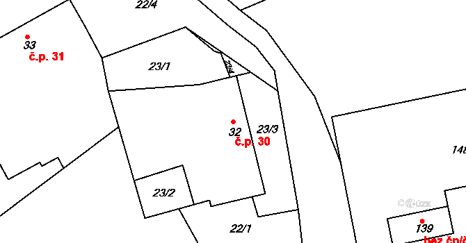 Trusnov 30 na parcele st. 32 v KÚ Trusnov, Katastrální mapa