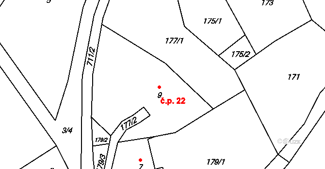 Crhov 22, Štíty na parcele st. 9 v KÚ Crhov, Katastrální mapa