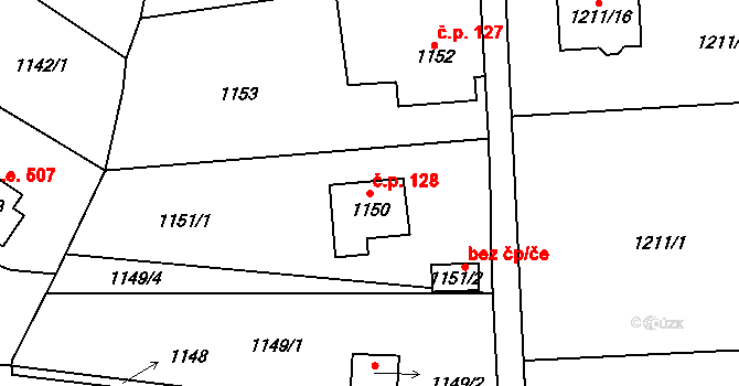 Zadní Třebaň 128 na parcele st. 1150 v KÚ Zadní Třebaň, Katastrální mapa