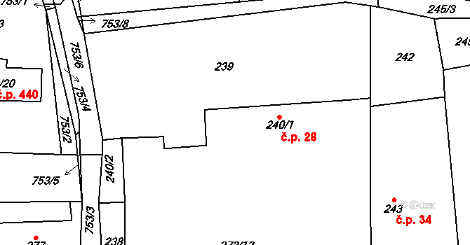 Zruč 28, Zruč-Senec na parcele st. 240/1 v KÚ Zruč, Katastrální mapa
