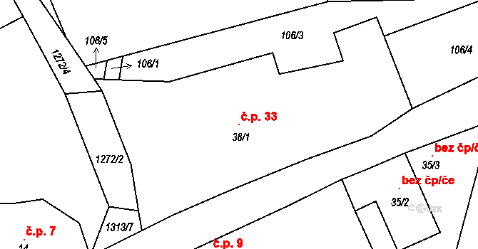 Čenovice 33, Čestín na parcele st. 38/1 v KÚ Čenovice, Katastrální mapa