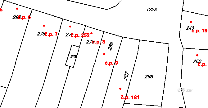 Hustopeče nad Bečvou 9 na parcele st. 269 v KÚ Hustopeče nad Bečvou, Katastrální mapa