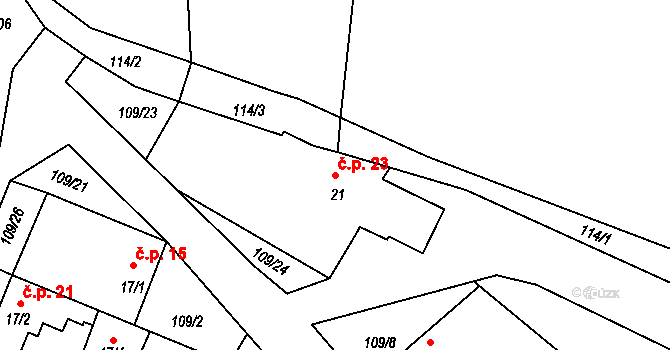 Horní Miletín 23, Lišov na parcele st. 21 v KÚ Horní Miletín, Katastrální mapa