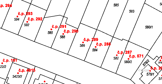 Jihlava 289 na parcele st. 586 v KÚ Jihlava, Katastrální mapa