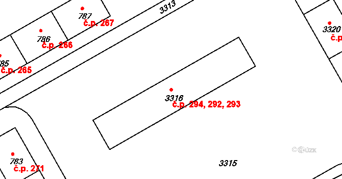 Lyžbice 292,293,294, Třinec na parcele st. 3316 v KÚ Lyžbice, Katastrální mapa