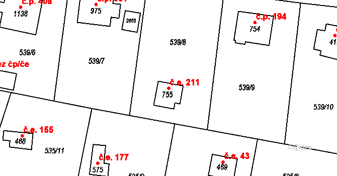 Mirošovice 211 na parcele st. 755 v KÚ Mirošovice u Říčan, Katastrální mapa
