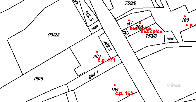 Polevsko 171 na parcele st. 204 v KÚ Polevsko, Katastrální mapa