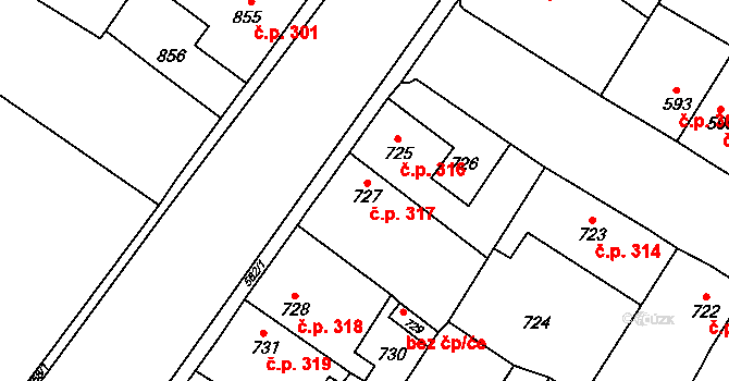 Kosmonosy 317 na parcele st. 727 v KÚ Kosmonosy, Katastrální mapa