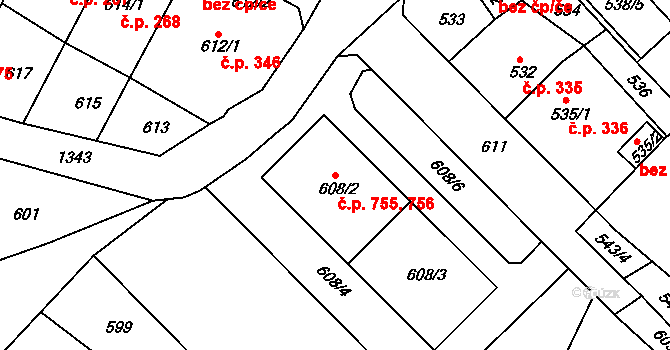 Bukov 755,756, Ústí nad Labem na parcele st. 608/2 v KÚ Bukov, Katastrální mapa
