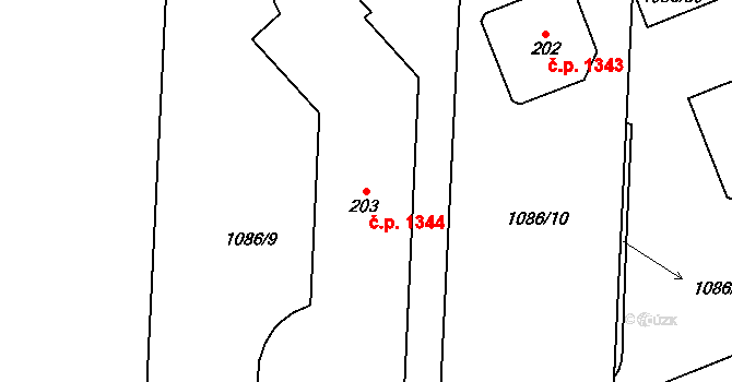 Střítež 1344 na parcele st. 203 v KÚ Střítež u Třebíče, Katastrální mapa