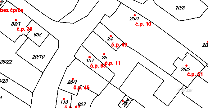 Křemýž 11, Ohníč na parcele st. 25 v KÚ Křemýž, Katastrální mapa
