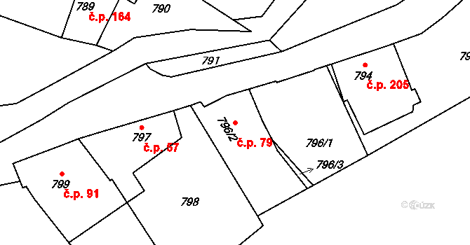 Řeporyje 79, Praha na parcele st. 796/2 v KÚ Řeporyje, Katastrální mapa