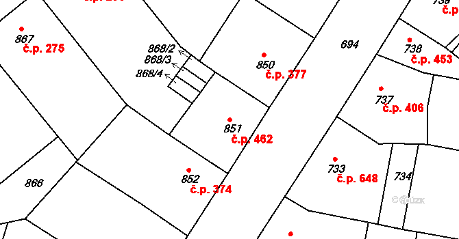Žižkov 462, Praha na parcele st. 851 v KÚ Žižkov, Katastrální mapa