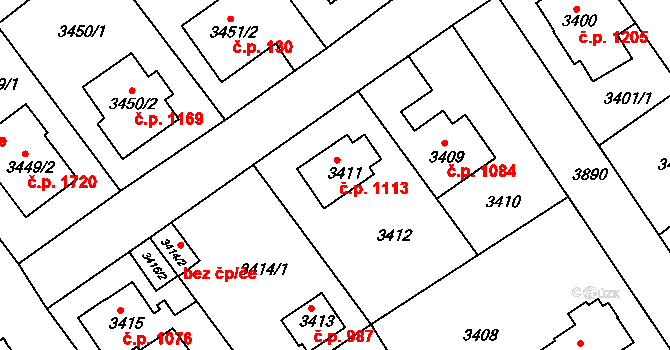 Modřany 1113, Praha na parcele st. 3411 v KÚ Modřany, Katastrální mapa