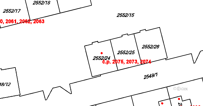Břevnov 2073,2074,2075, Praha na parcele st. 2552/26 v KÚ Břevnov, Katastrální mapa
