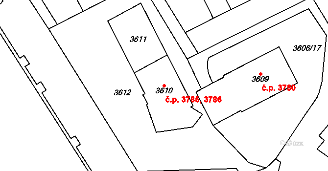 Chomutov 3785,3786 na parcele st. 3610 v KÚ Chomutov I, Katastrální mapa