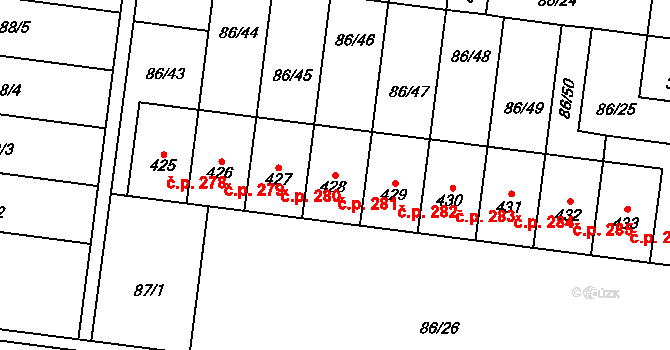Krasice 281, Prostějov na parcele st. 428 v KÚ Krasice, Katastrální mapa