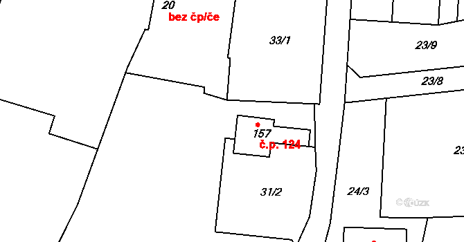 Boseň 124 na parcele st. 157 v KÚ Boseň, Katastrální mapa