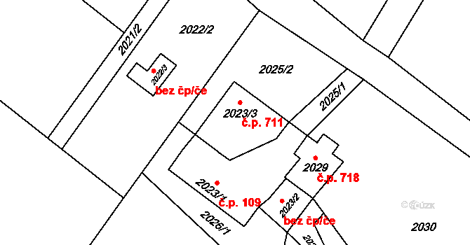 Suchdol nad Lužnicí 711 na parcele st. 2023/3 v KÚ Suchdol nad Lužnicí, Katastrální mapa
