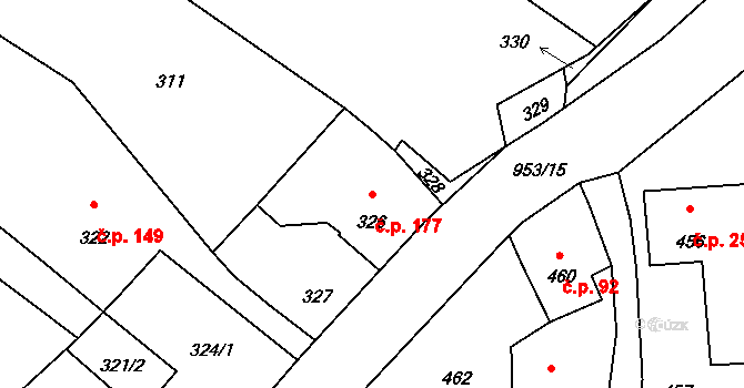 Hvozdná 177 na parcele st. 326 v KÚ Hvozdná, Katastrální mapa