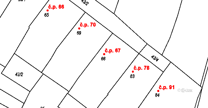 Borkovice 67 na parcele st. 66 v KÚ Borkovice, Katastrální mapa