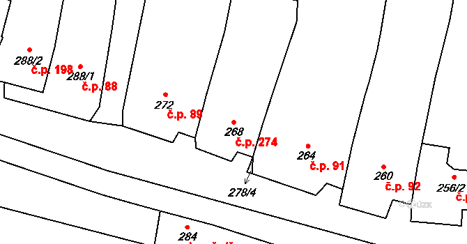 Kovalovice 274 na parcele st. 268 v KÚ Kovalovice, Katastrální mapa