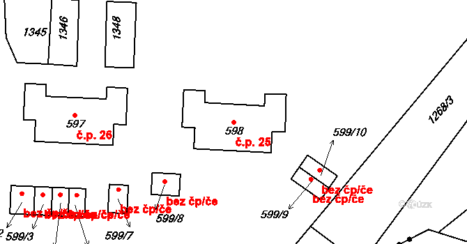 Josefodol 25, Světlá nad Sázavou na parcele st. 598 v KÚ Horní Bohušice, Katastrální mapa