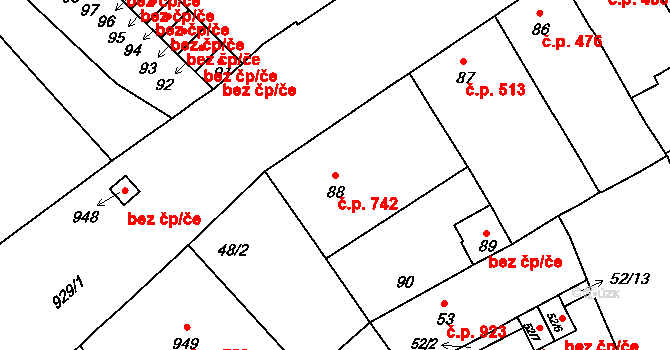 Valtice 742 na parcele st. 88 v KÚ Valtice, Katastrální mapa