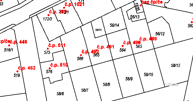 Dobřany 491 na parcele st. 565 v KÚ Dobřany, Katastrální mapa