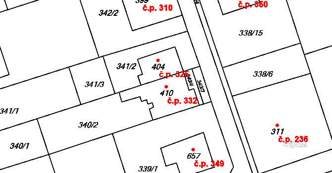 Přímětice 332, Znojmo na parcele st. 410 v KÚ Přímětice, Katastrální mapa